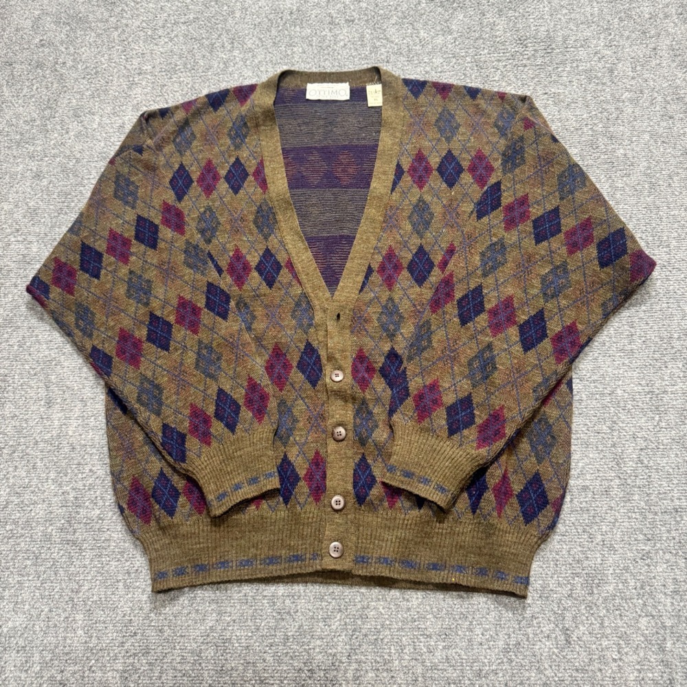 VTG Ottimo Knitted Cardigan Mens XL Patterned Striped Acrylic Wool Brown 90s